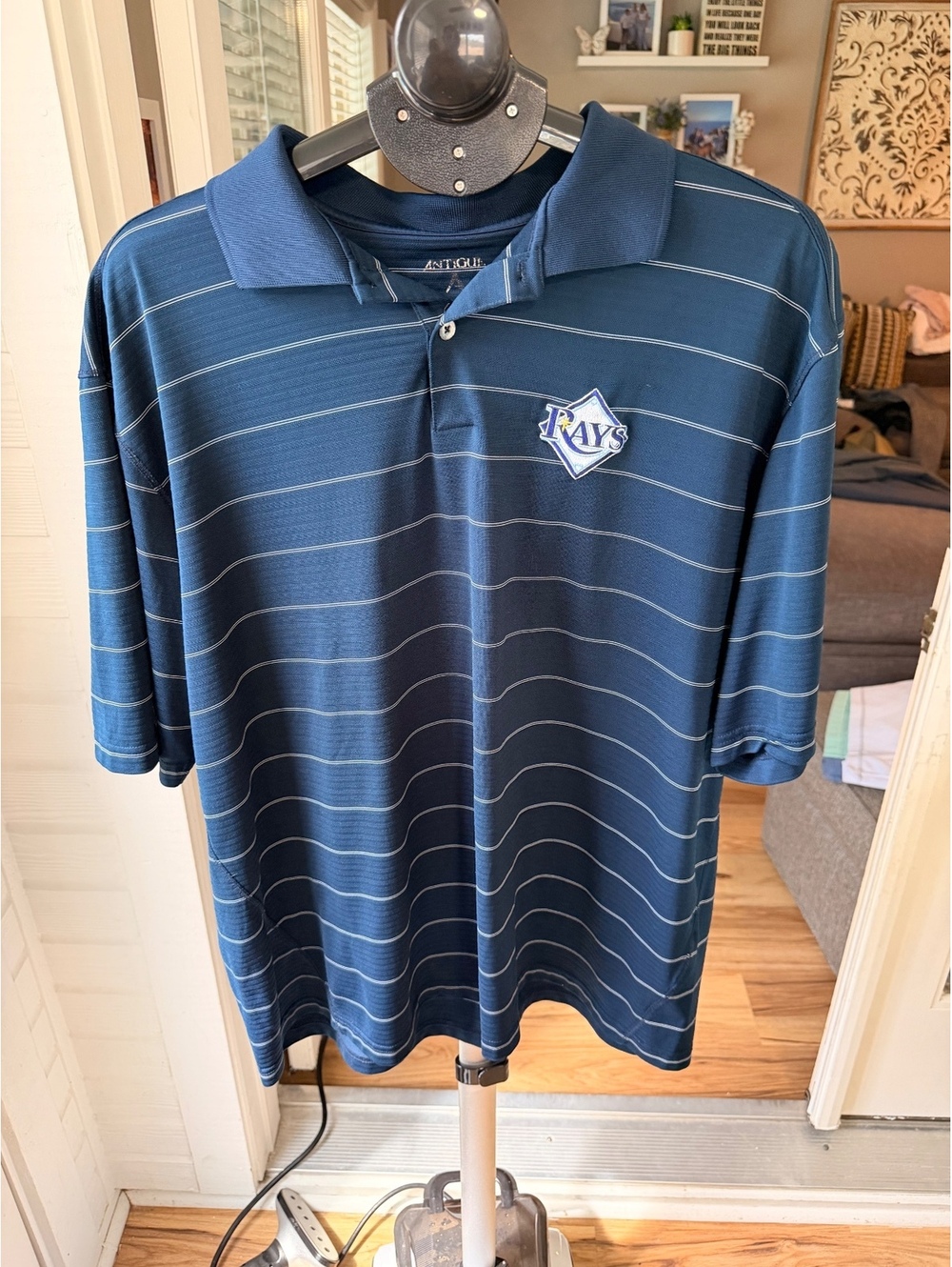 Antigua Tampa Bay Rays navy striped polo shirt